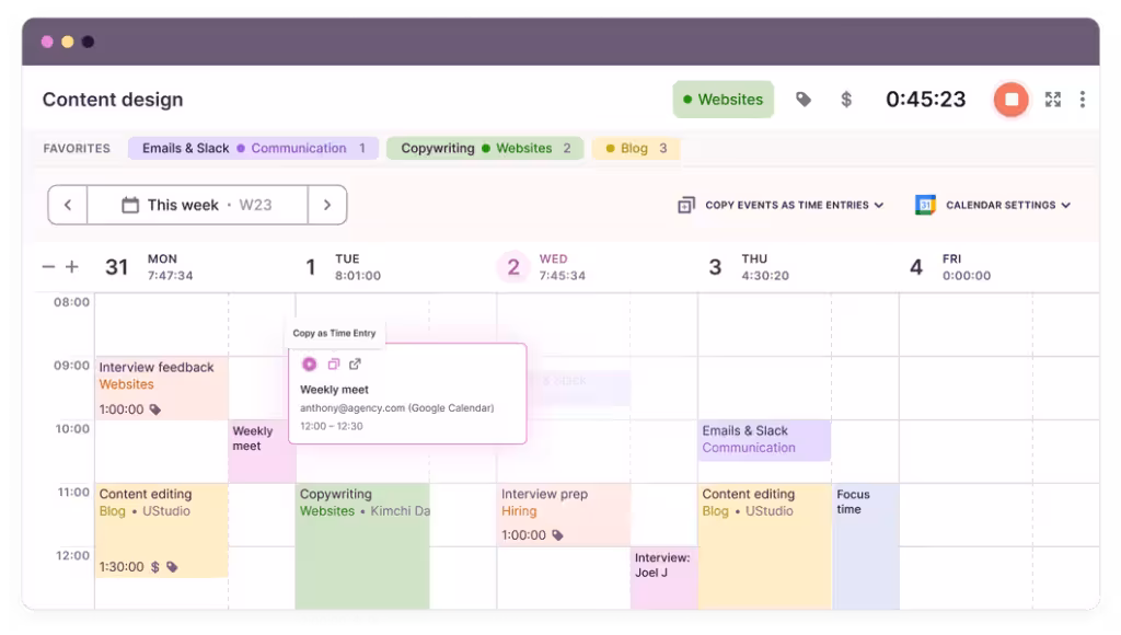 Toggl Track calendar view