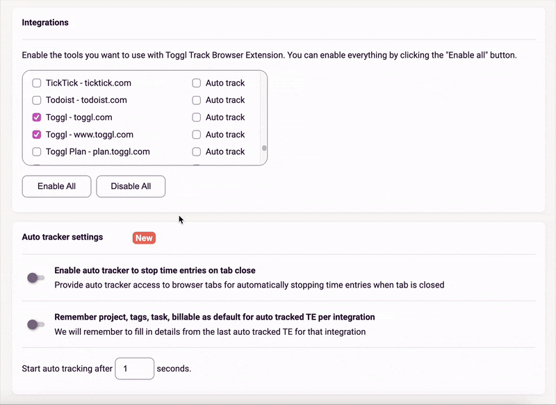 Gif of enabling Toggl Track's autotracker settings for the Chrome browser extension