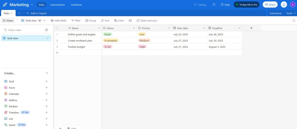 A screenshot of Airtable.