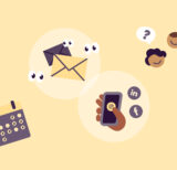 Icons of workplace distractions like a buzzing phone and emails