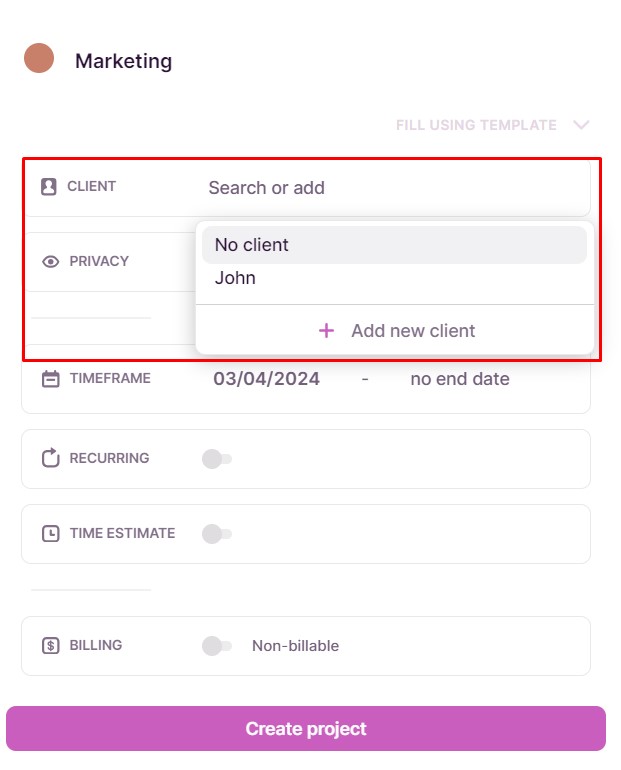 Screenshot of Toggl Track showing how to add a new client.
