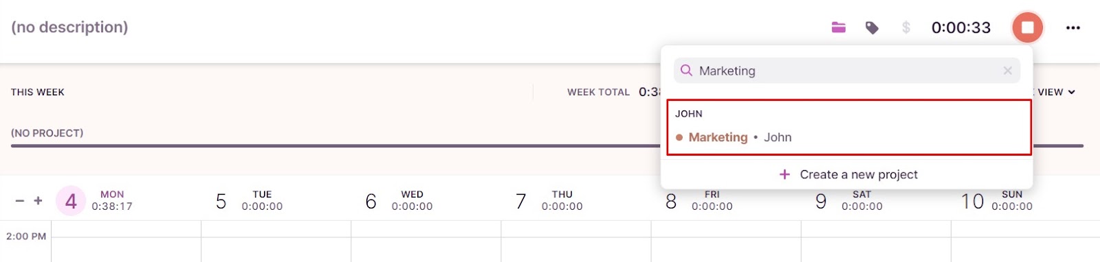 Sceenshot of Toggl Track showing how to select a project-client pair.