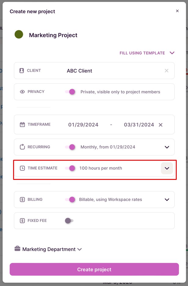Screenshot of Toggl Track showing the Time estimate feature.