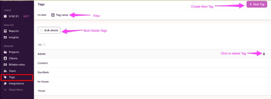 Screenshot of Toggl Track showing the Tags section.