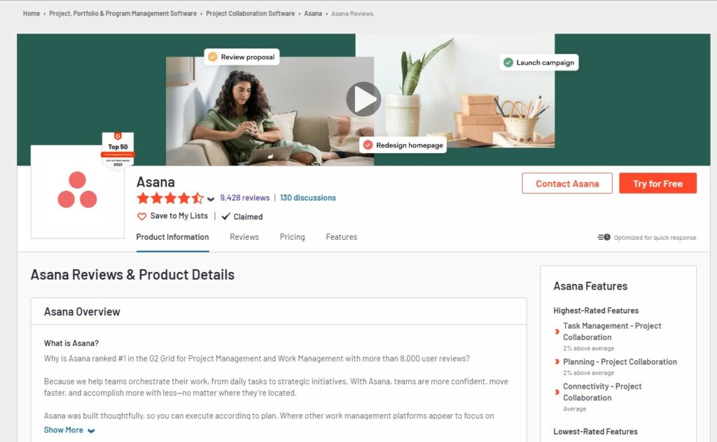 An image showing the G2 review page for Asana.