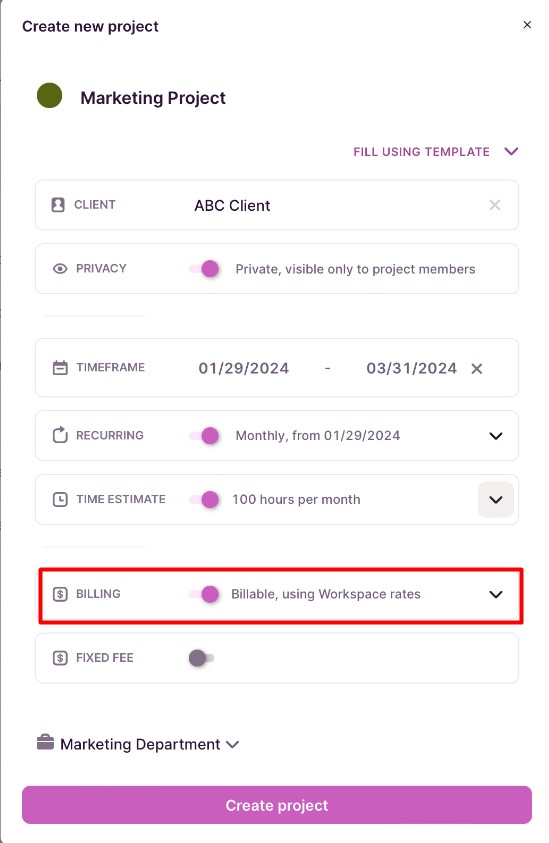 Adding a project billing rate in Toggl Track