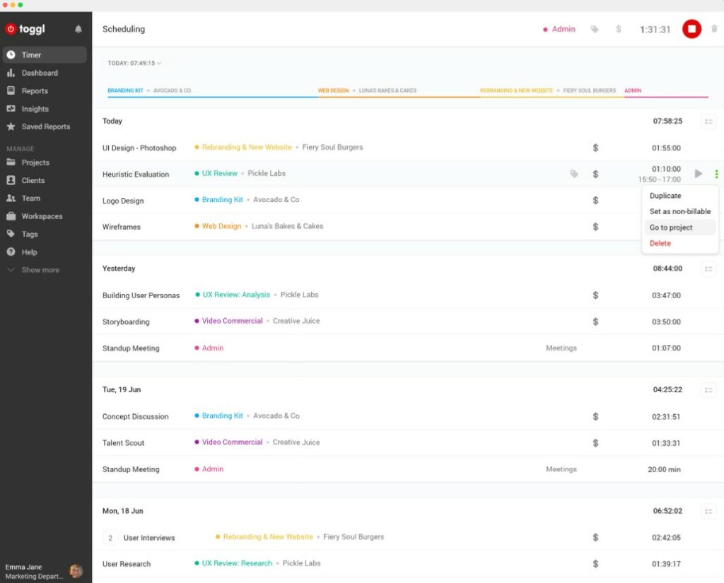 A screenshot of Toggl Track.