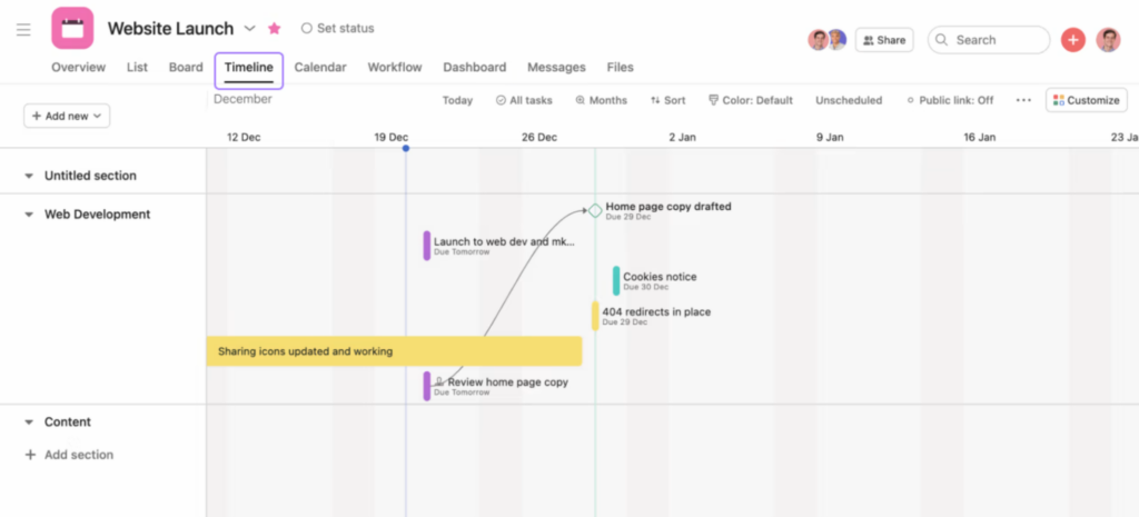 Preceden project timeline view