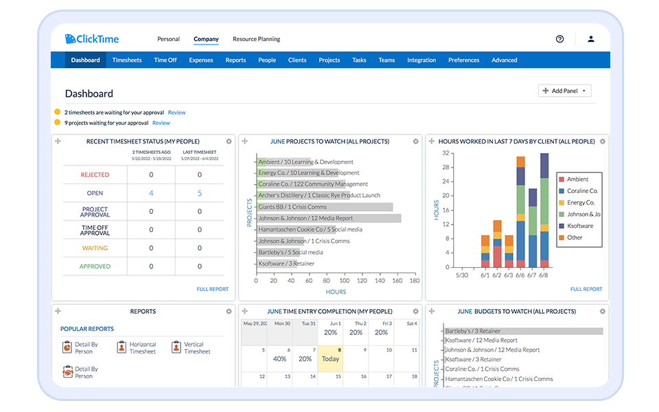 ClickTime dashboard for tracking billable hourss