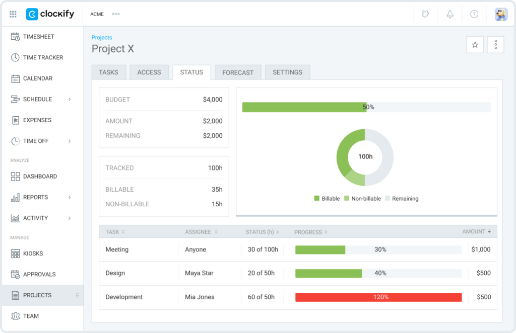 Clockify time management features
