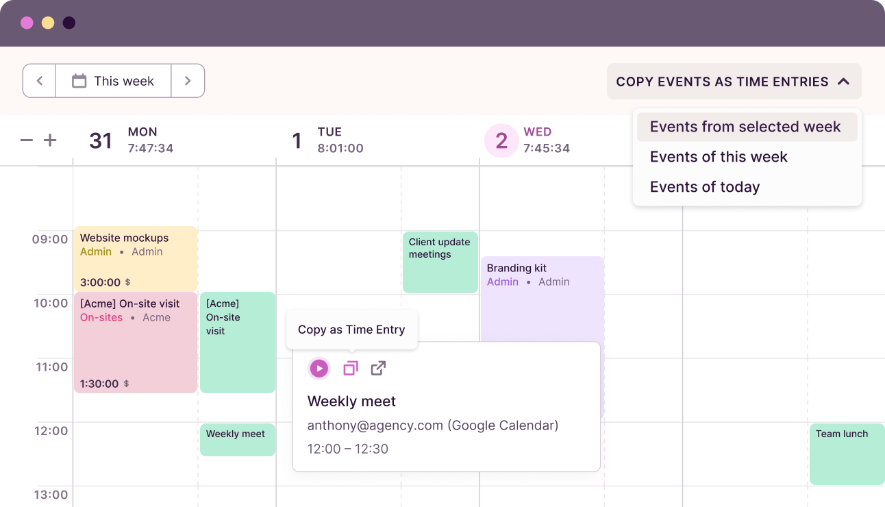 Toggl Track's calendar view