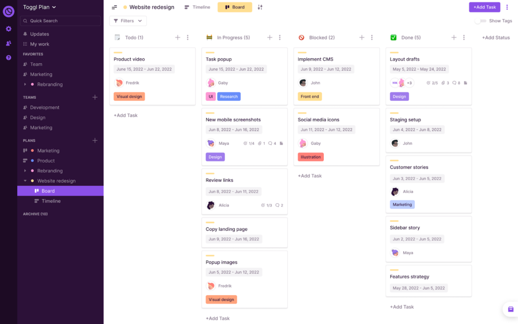 Screenshot of Toggl Plan showing the Board view.