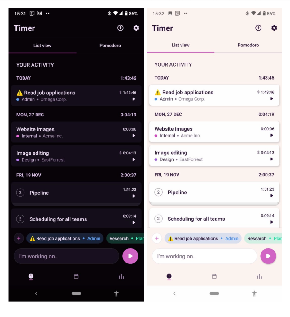 Screenshots of the Toggl Track smartphone app.