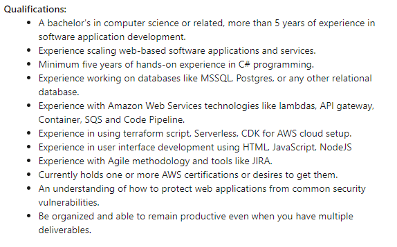 Job requirements example