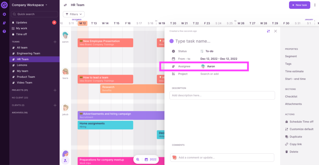 A screenshot showing how to create tasks in Toggl Plan.