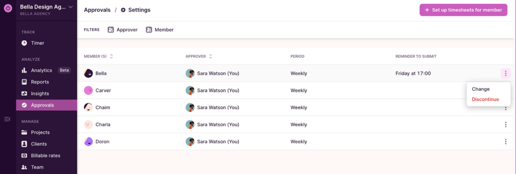 Toggl Track screenshot showing how to set up timesheet approvals.