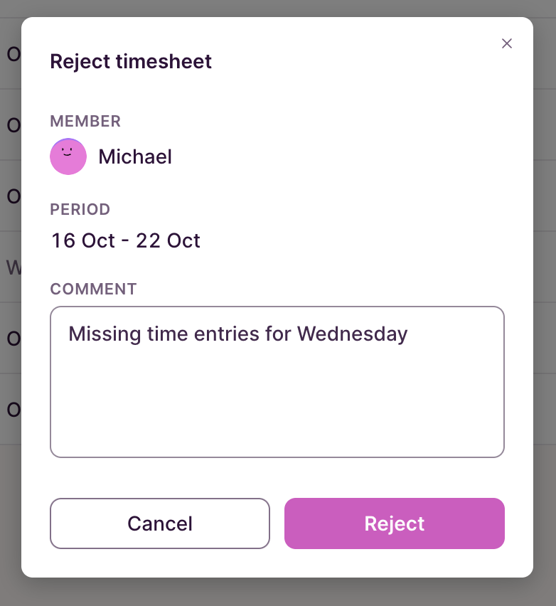 Rejecting a timesheet in Toggl Track