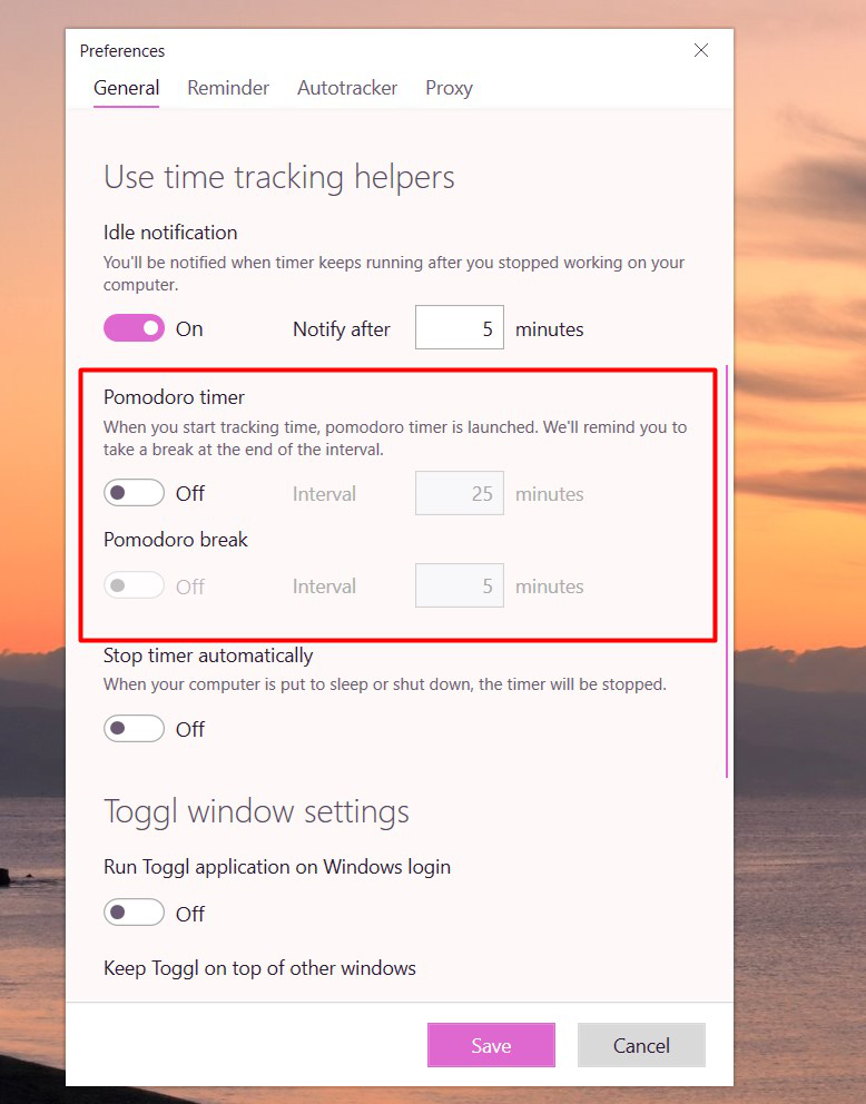 Pomodoro timer in Toggl Track
