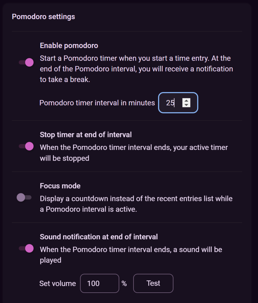 Toggl Track Pomodoro settings