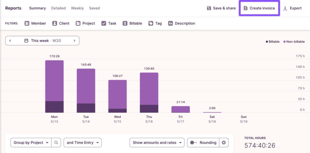The Create Invoice option in Toggl Track