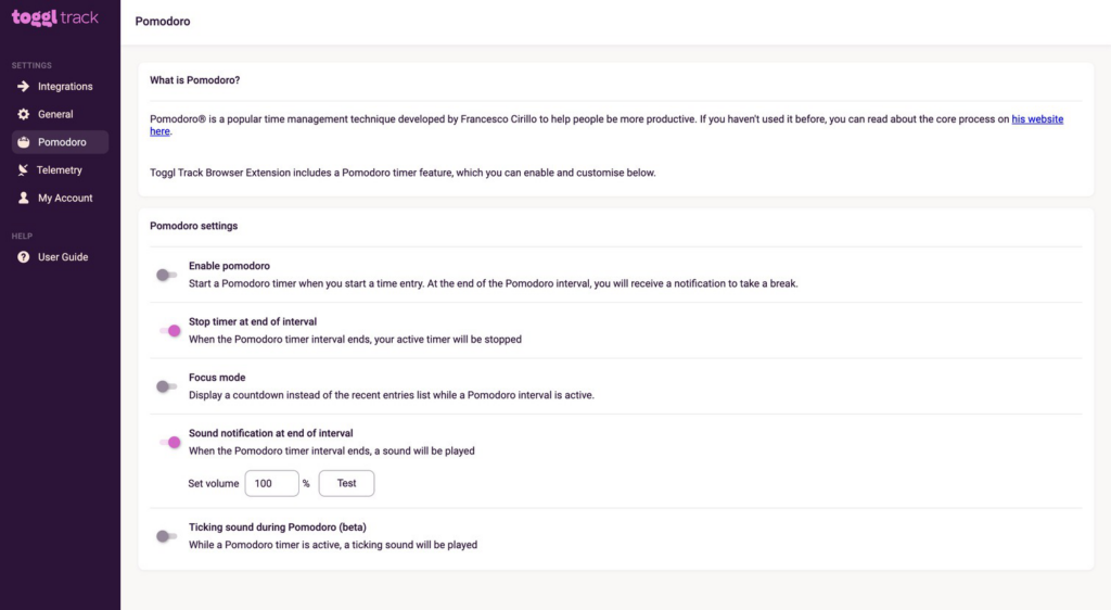 Pomodoro timer settings in Toggl Track