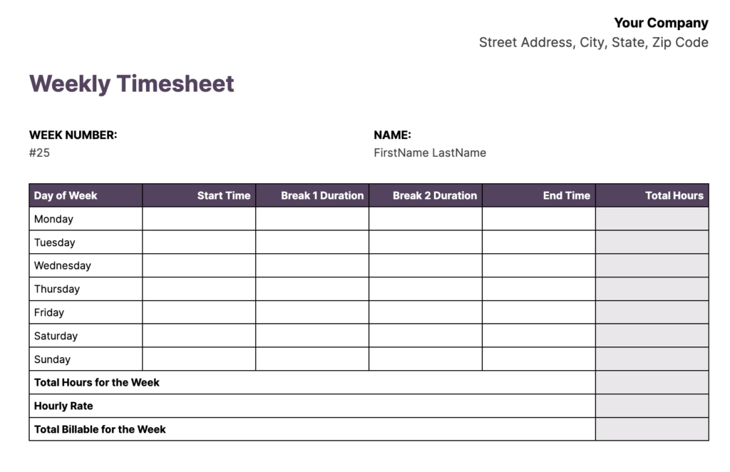 Weekly timesheet example