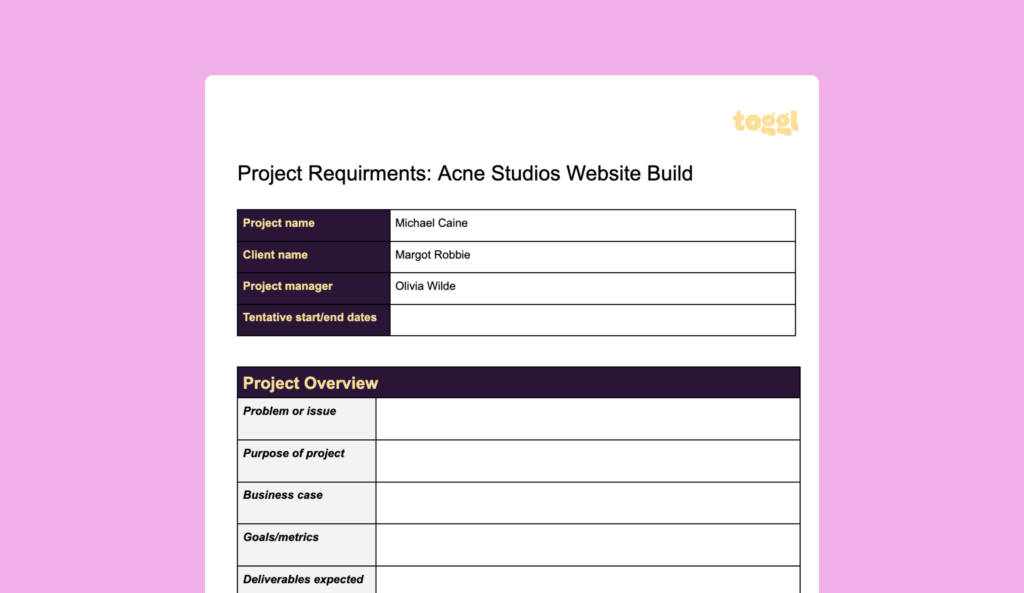 Project requirements template