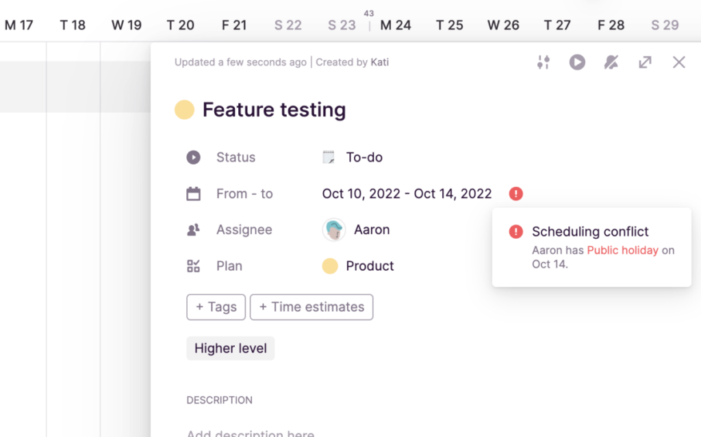 Scheduling conflict warning on the Task card in Toggl Plan