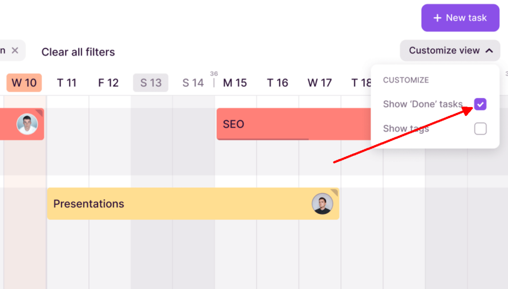 Show/hide 'Done' tasks on the Toggl plan timeline