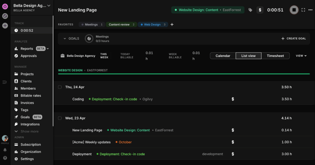 Toggl Track timer page in dark mode